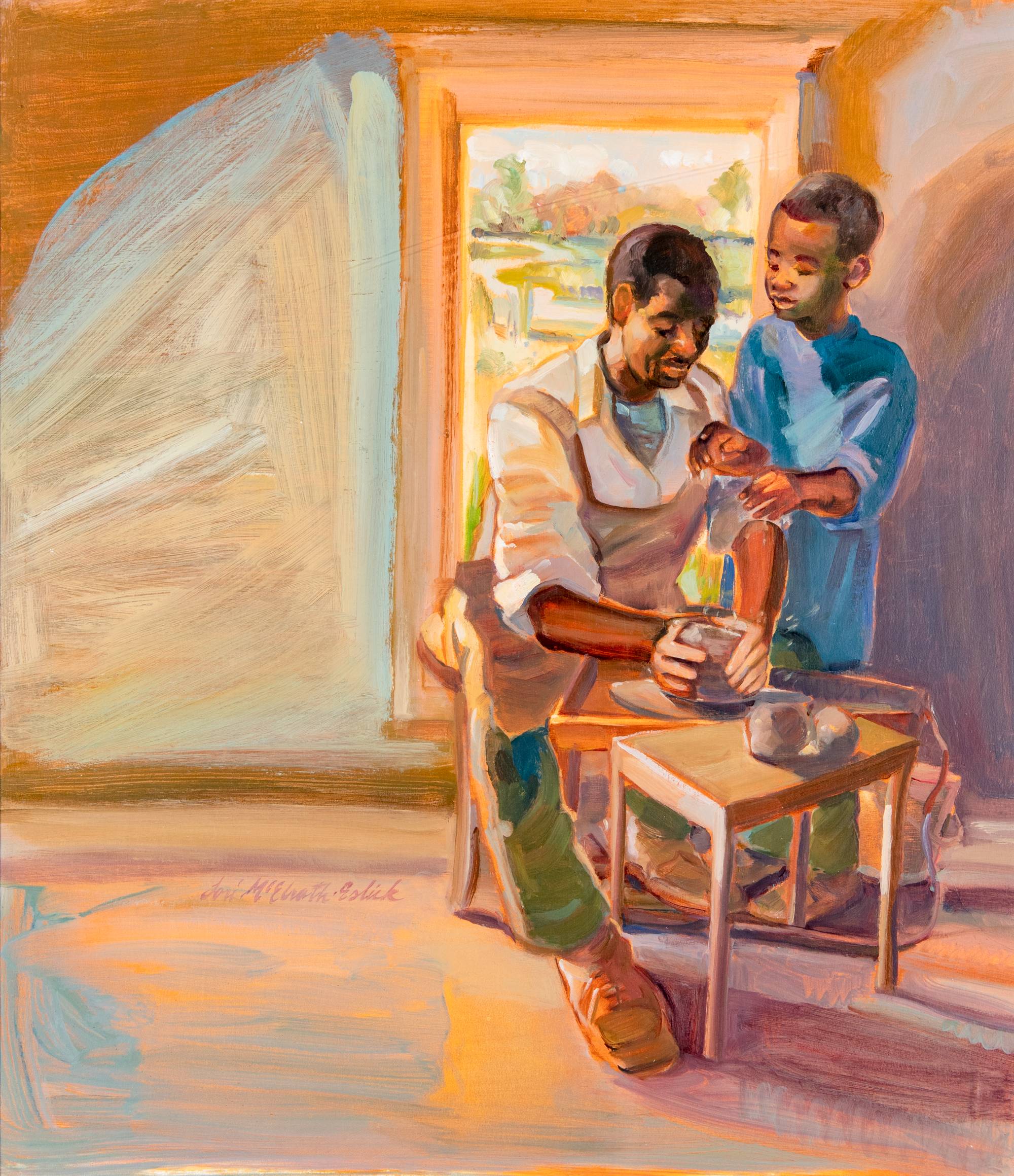 Watercolor painting of an adult showing a child how to use a pottery wheel. Click to view more Book Illutrations.